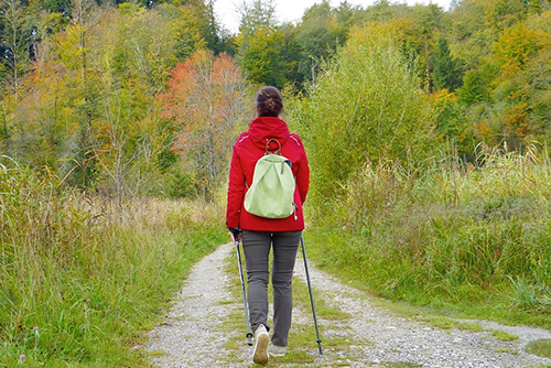 A woman in hiking gear starting on a trail.