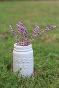 Feelings jar with lavender in it on a field